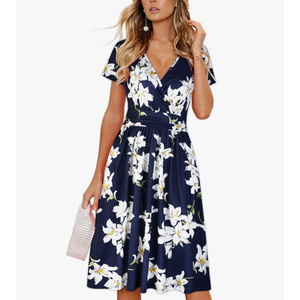 OUGES Women's Summer Short Sleeve V-Neck Floral Short Party Dress with Pockets L