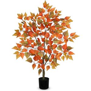 Artificial Fall Tree with Pot, 40.5" Tall Fake Birch Tree with Realistic Wood Trunk Silk Orange Leaves for Home Decor, Faux Autumn Maple Tree for Indoor Outdoor Home Decor and Housewarming Gift 3ft