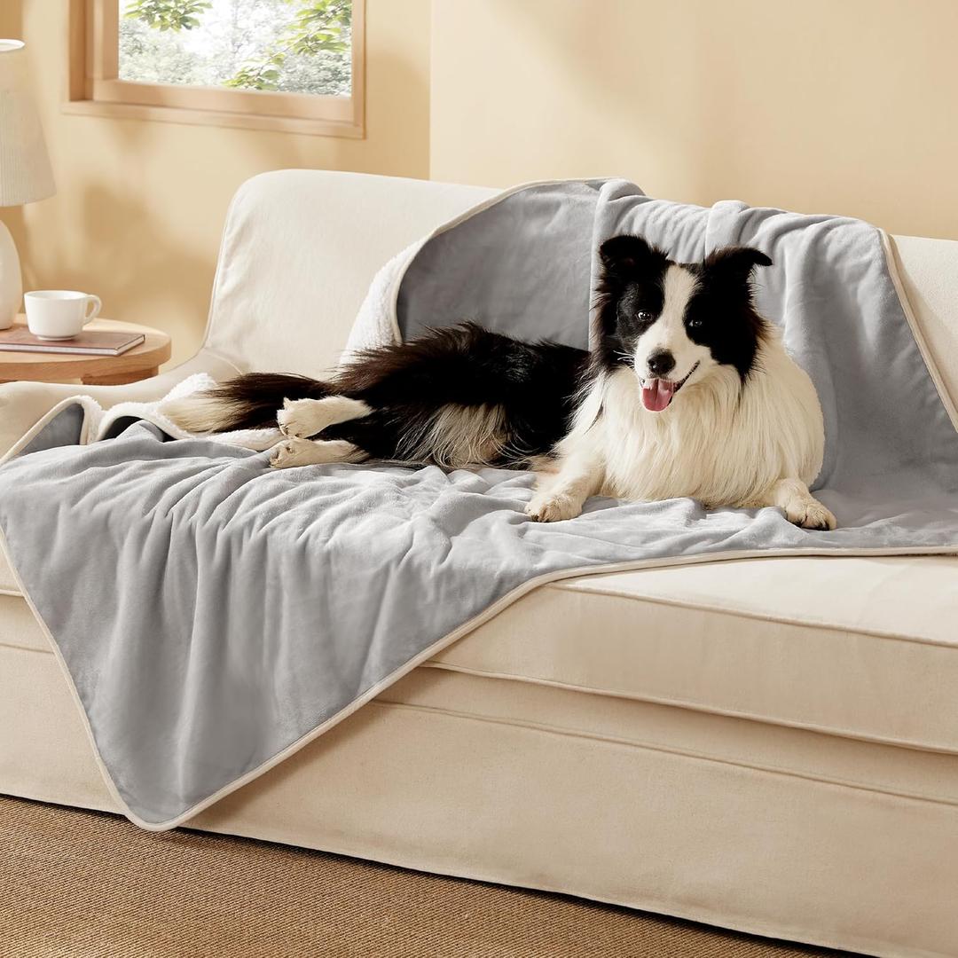 Bedsure Waterproof Dog Blankets for Large Dogs - Large Cat Blanket Washable for Couch Protection, Sherpa Fleece Puppy Blanket, Soft Plush Reversible Throw Furniture Protector, 40"X50", Light Grey
