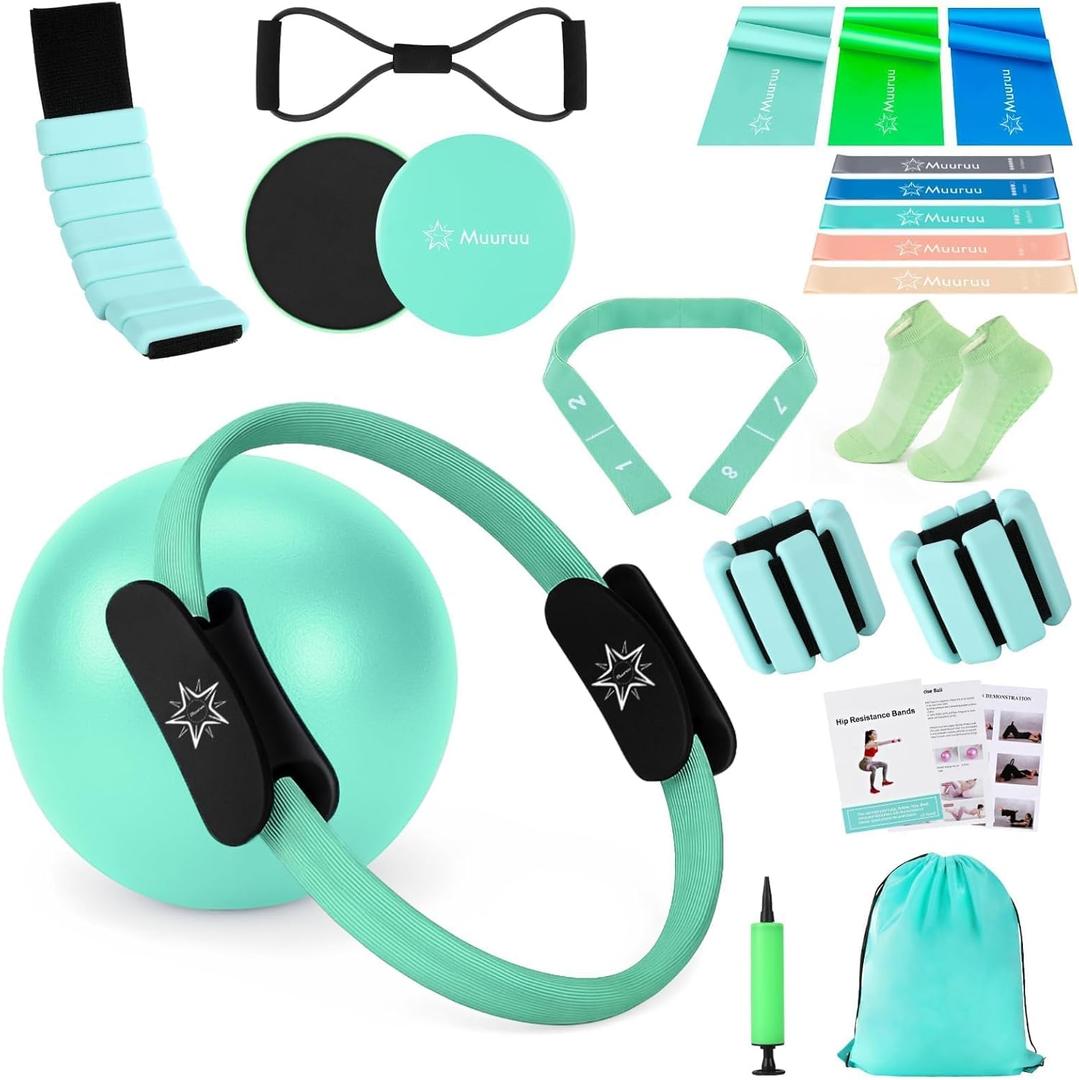 Pilates Equipment Kit for Home Workout, Pilates Ring and Ball Set for Women, 14'' Magic Circle Essentials Accessories Kit, Wrist Weights, Resistance Bands, Yoga Strap, Socks, Bag