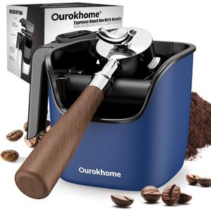 Ourokhome Knock Box Espresso Accessories, The Latest Patented Stainless Steel Espresso Machine Tool for Coffee Ground with Removable Knock Bar, Handle and Lid, Dishwasher safe, 4.8 inch (Deep Blue)