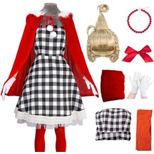 Kuberas Christmas Costumes for Kids Girls 7PCS Christmas Velvet Cape Dress Wig Accessories Halloween Christmas Cosplay Outfit, S