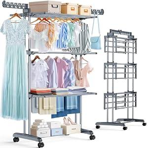 Reinforced Clothes Drying Rack Foldable, 4-Tier Drying Rack with Wheels