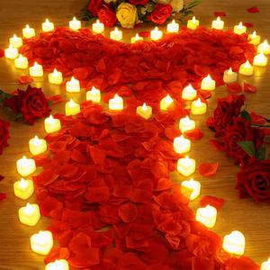 Coume 6000 Pieces Artificial Rose Petal with 72 Pieces LED Tea Lights Candle Romantic Sweetest Day Decorations Rose Petal Heart Candle for Special Night Proposal Wedding Anniversary(Warm White Light)