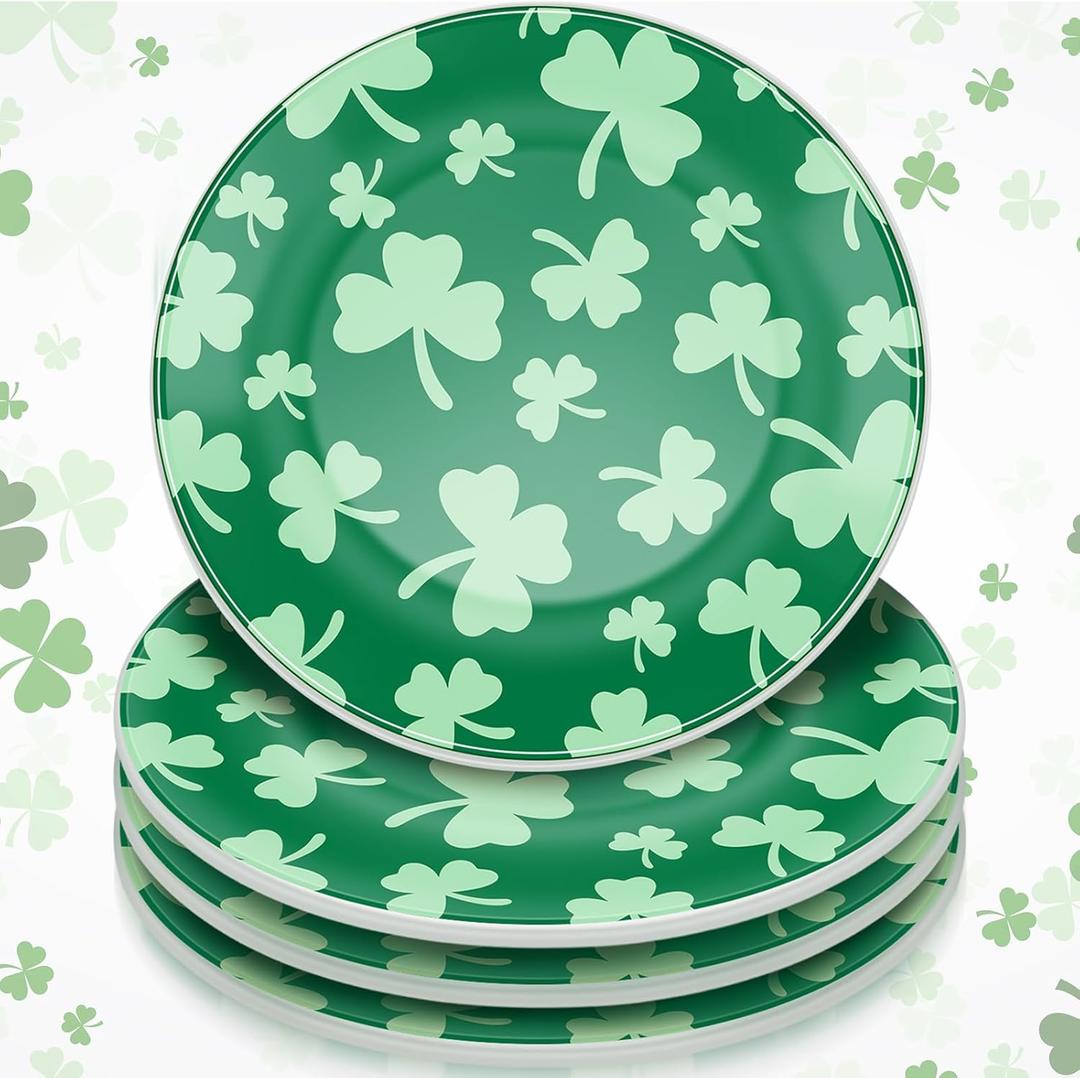 SiliFine 4 Pcs 6 Inch St. Patrick's Day Ceramic Decorative Plate Irish Shamrock Tableware Plate Leaf Clover Display Dish for St. Patrick's Celebration, Dinner Party, Wedding(Classic Color)
