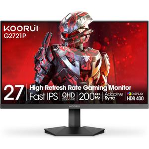 KOORUI 27" 200Hz Gaming Monitor, 1ms Fast IPS Computer Monitor, WQHD (2560 x 1440p) HDR 400 Display, DCI-P3 95% Color Gamut, FreeSync Premium, Adaptive G-Sync, HDMI x 2, DisplayPort, Black