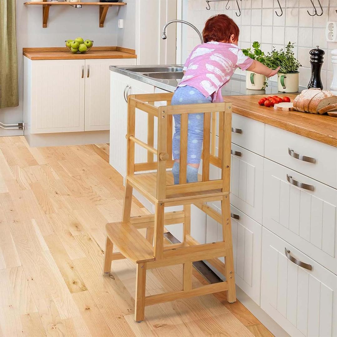 COSYLAND Kids Kitchen Step StoolToddler Standing Tower with CPC Certification, Removable Anti-Drop Railing Safety Rail Enjoys Unique Patented Design A Anti-tip Structure More Stable, Natural Bamboo