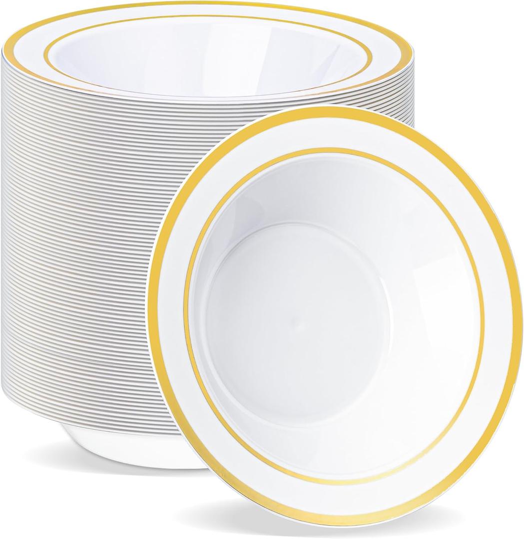 BESTVIP 100 Pack Plastic Bowls with Gold Rim, 12 oz Disposable Soup Bowls, Heavy-duty Dessert Salad Bowl for Party, Wedding, Christmas, Dinner, Catering