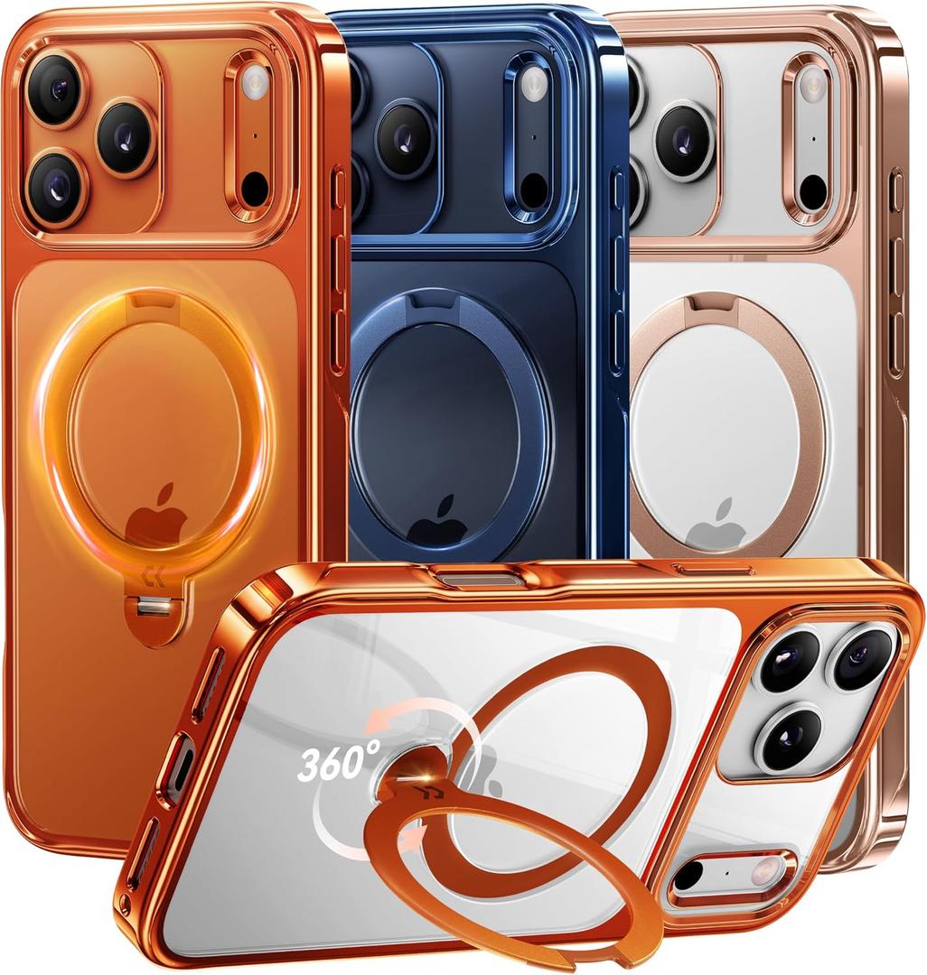 CASEKOO 360 Spin Magnetic Stand for iPhone 17 Pro Case [Fit for MagSafe][17FT Military Protection] Slim Polished Frame Titanium Alloy Sturdy Stand 6.3", Glossy Cosmic Orange