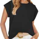 ZESICA Womens Summer Cap Sleeve Crewneck Tops Casual Loose Striped T-Shirts Basic Tees (Small, Darkblack)