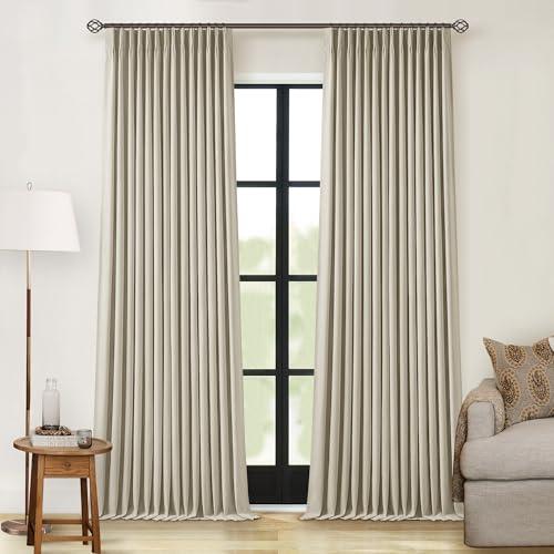 Taupe Blackout Linen Curtains 102 Inches Long for Bedroom Pinch Pleated Black Out Curtains Lined 2 Layers Memory Shape Noise Reducing Neutral Farmhouse Living Room Darkening Window Drapes