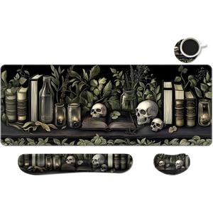 MIBITRI Keyboard Mouse Pad Set, Extended Gaming Mouse Pad+Ergonomics Keyboard Wrist Rest Support, Memory Foam, Easy Typing Pain Relief, 4Pcs XXL Ultra Thick Desk Mat, Dark Academia