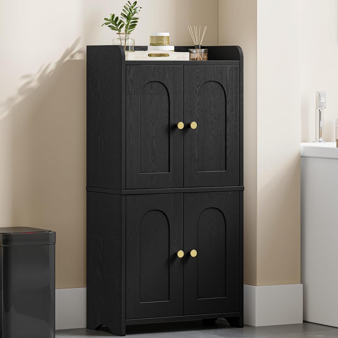 HEXCELEN Small Storage Cabinet, Bathroom Storage Cabinet with 4 Doors, Floor Bathroom Organizer Freestanding for Small Spaces, Living Room, Kitchen, Entryway (Mediterranean, Black)
