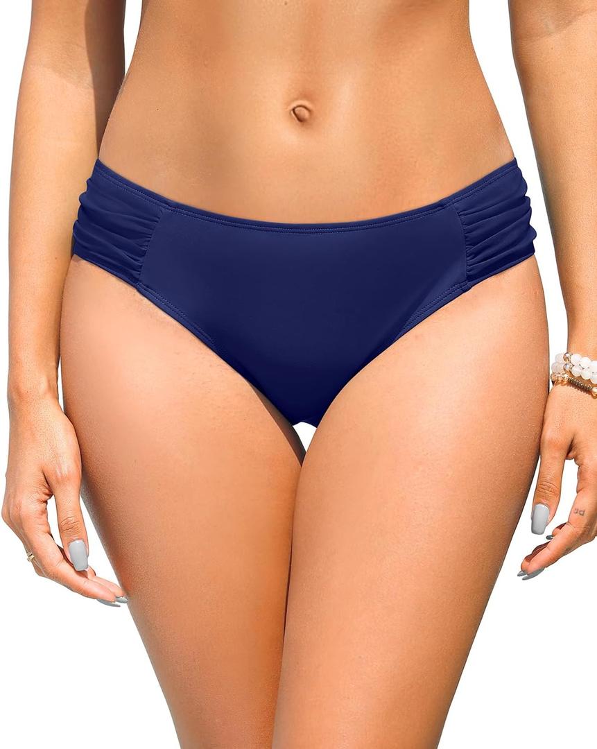 Zmart Women Low Rise Bikini Bottoms - Full Coverage Ruched Bathing Suit Swim Bottom Swimsuits Swimwear (Small, Navy Blue)