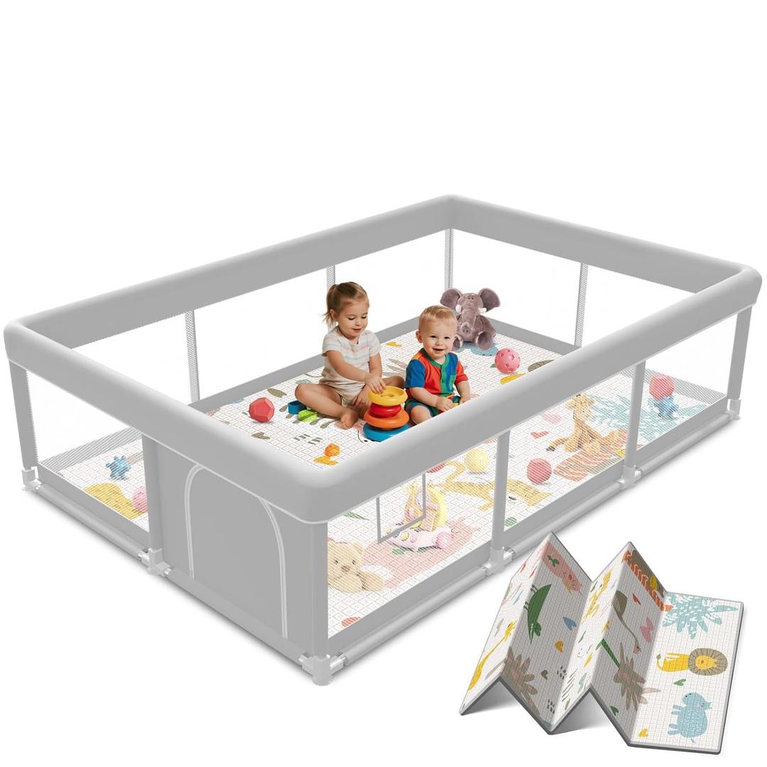 74x50 Inch Baby Playpen with Mat, Playpen with Cute Mat for Babies and Toddlers Play Pen Playards Safety Gate Fence Active Center Indoor