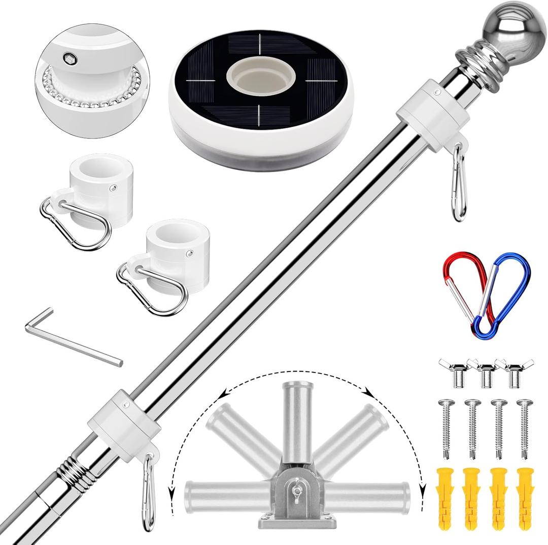 ZMTECH 6FT American Flag Pole with Solar Light | Tangle Free Stainless Steel USA Flag Pole Kit, 180° Adjustable Holder for Outside House Yard, Silver (No Flag Included)