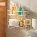 PowerKing Over The Toilet Storage Shelf, 2-Tier Bathroom Organizer Rack with 2 Hooks, No-Drill, Rust-Resistant Steel, Toilet Paper Holder for Restroom Bathroom, White
