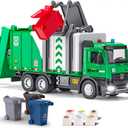 Side Loading Garbage Truck Toys Metal CAB, Trash Truck with Air-Pump Function, Lights & Sounds, Includes 4 Trash Bins, Learning Cards, Birthday Gift for Toddlers Kids 12"