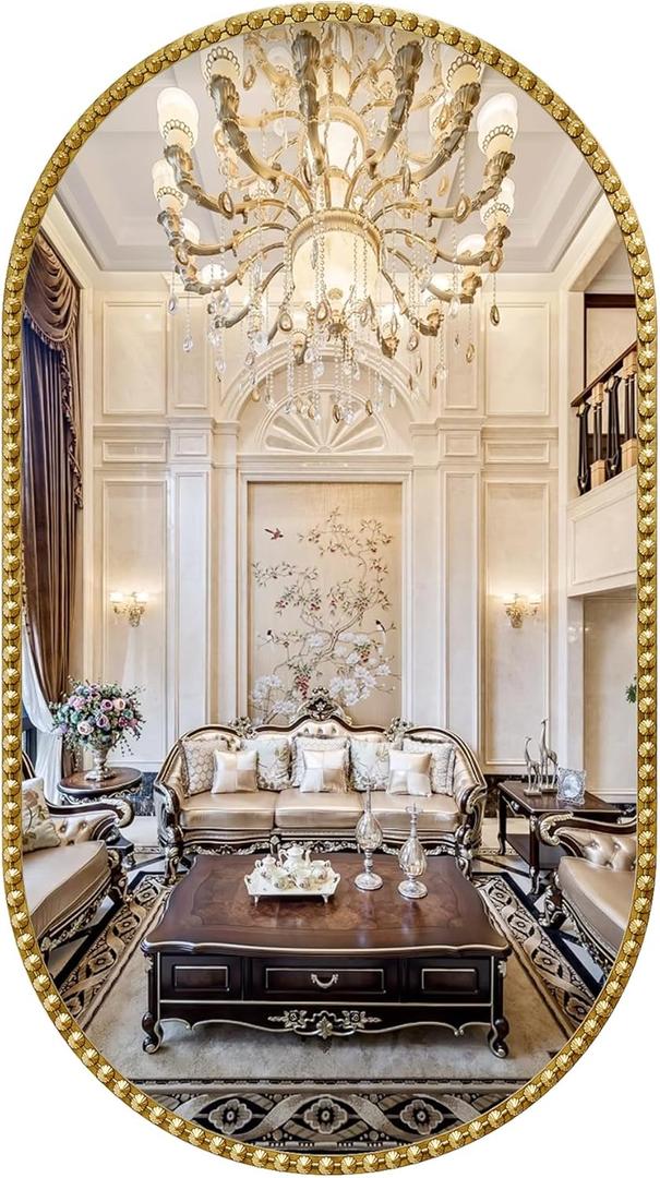 Oval Mirror for Wall, 20x36 Inch Gold Oval Bathroom Mirror, Antigue Gold Vanity Mirrors, Metal Floral Frame Mirror for Bedroom Living Room Hallway, Hangs Horizontally or Vertically