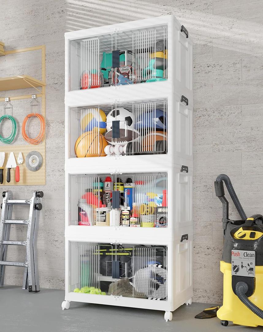 OlarHike 97QT Stackable Storage Bins with Lids - Folding Storage Box with Doors and Wheels, Collapsible Plastic Storage Drawers for Closets and Organization, Garage, Office, Cabinet, 4 Pack Cubes