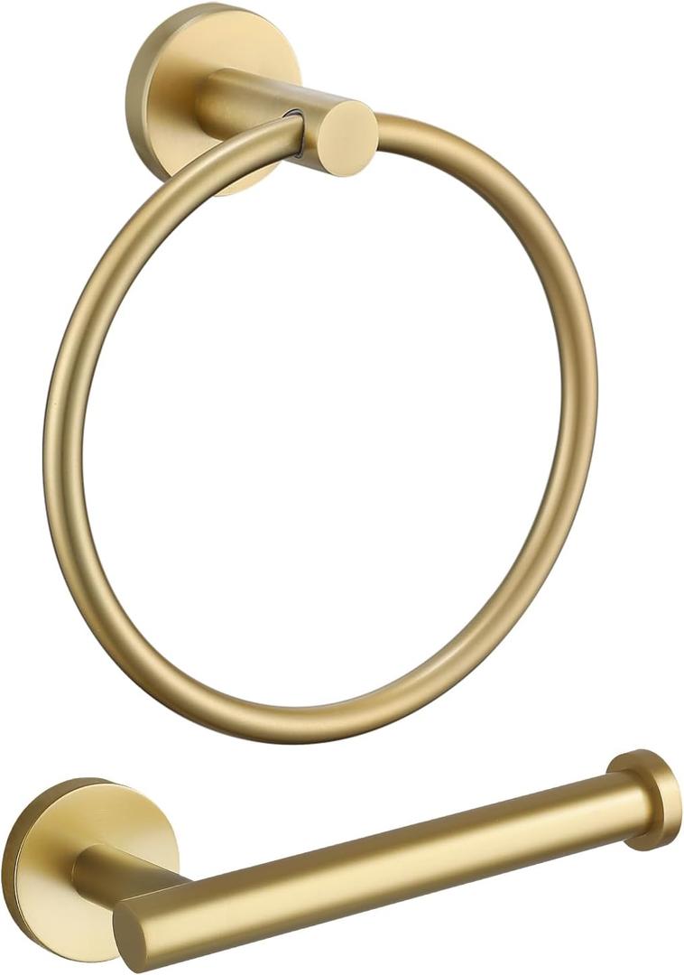 TURS Towel Ring Toilet Paper Holder Brushed Gold Bathroom Hardware Set 2 Pieces Wall Mount Stainless Steel