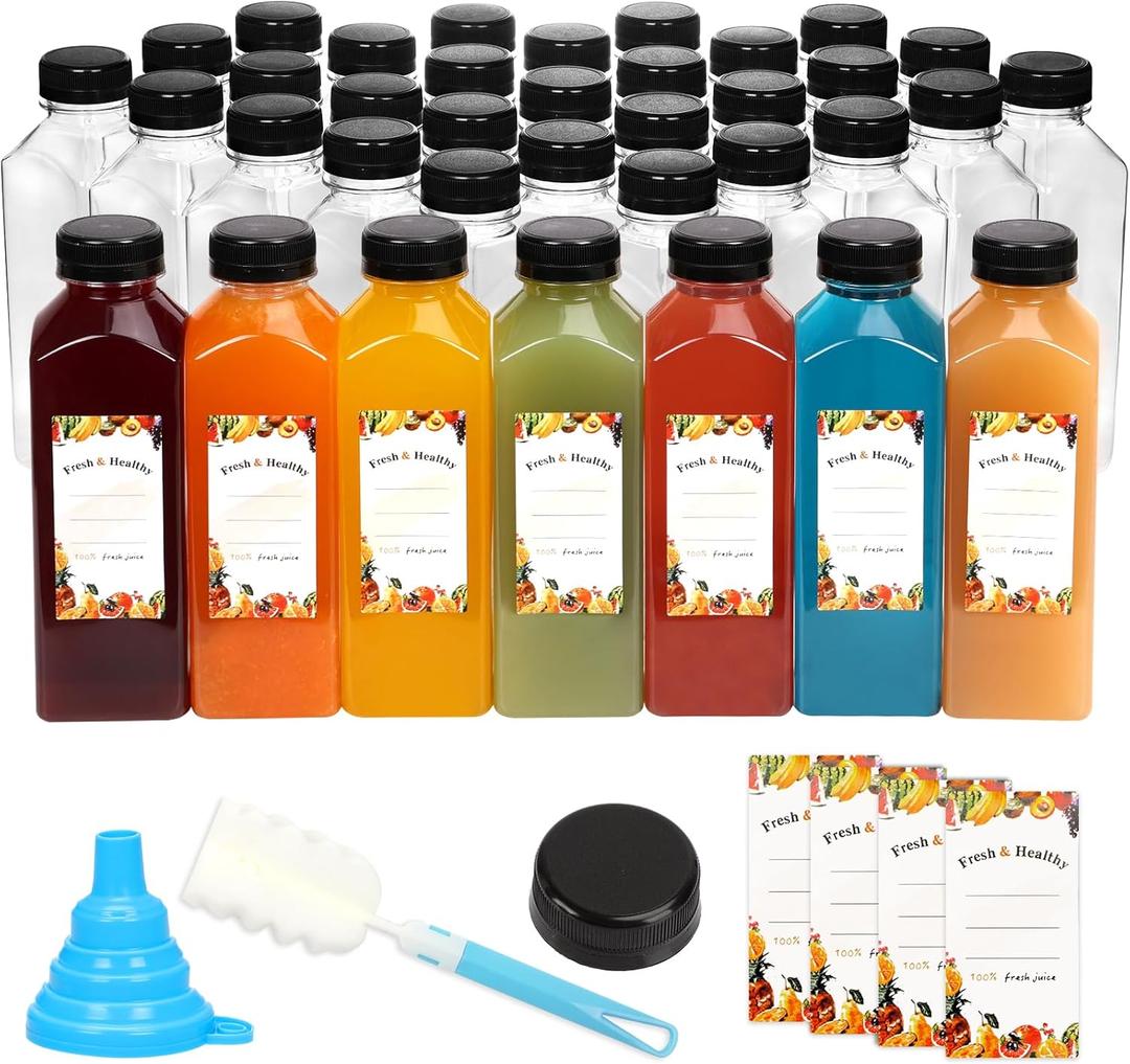 Moretoes 36pcs 16oz Juice Bottles, Plastic Bottles with Lids, Reusable Clear Containers for Juice, Smoothies, Cola, Water and Other Beverages