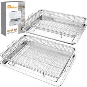 DONGULI Air Fryer Basket Oven - 2 Set Large Air Fryer Basket and Tray Stainless Steel Oven Air Fryer Rack Pan Accessories for Baking 15.7"x11.8"