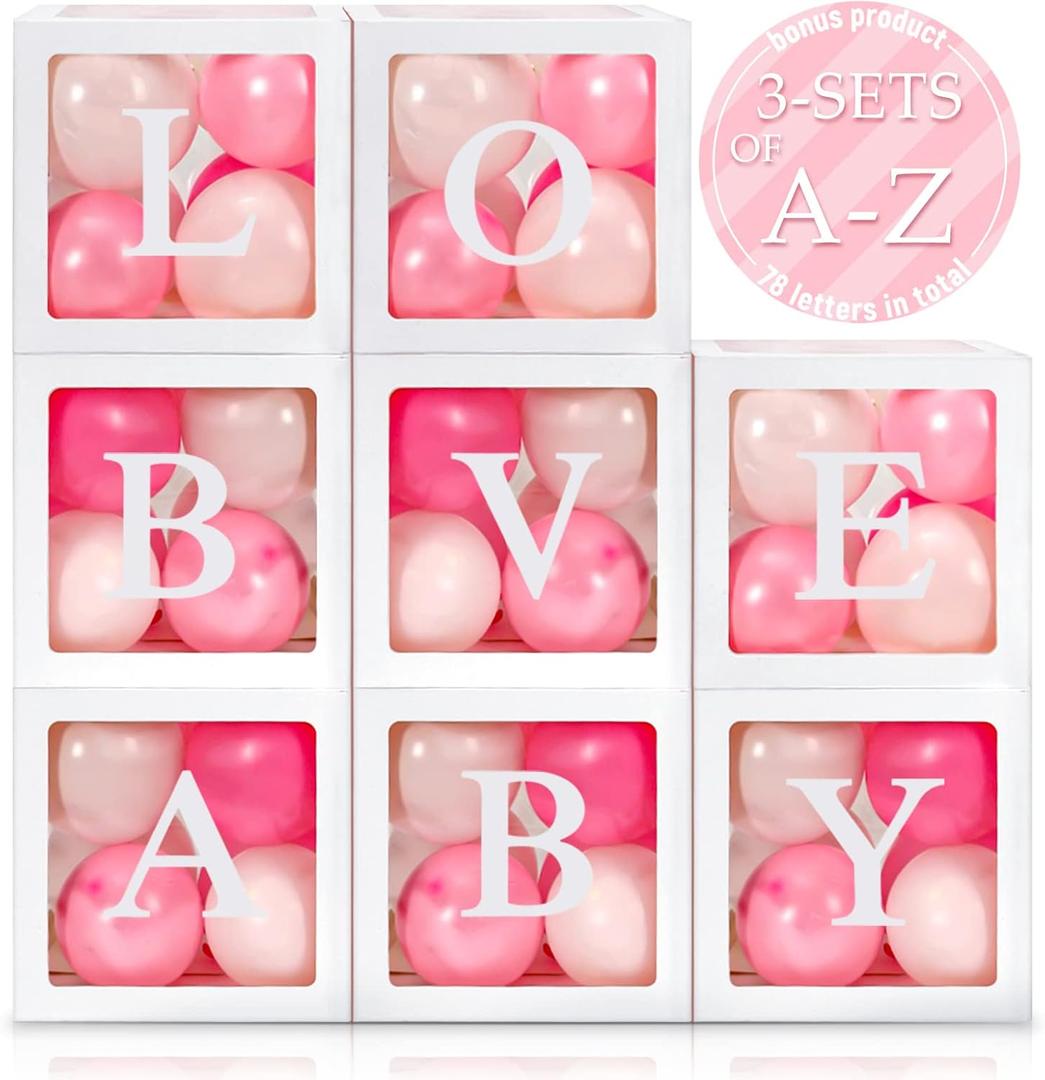Geyee 8 Pcs Transparent Balloon Box with 78 Letters for Baby Shower 3 Sets of A-z Clear Balloon Box for Gender Reveal Birthday Bridal Wedding Decorations(White)