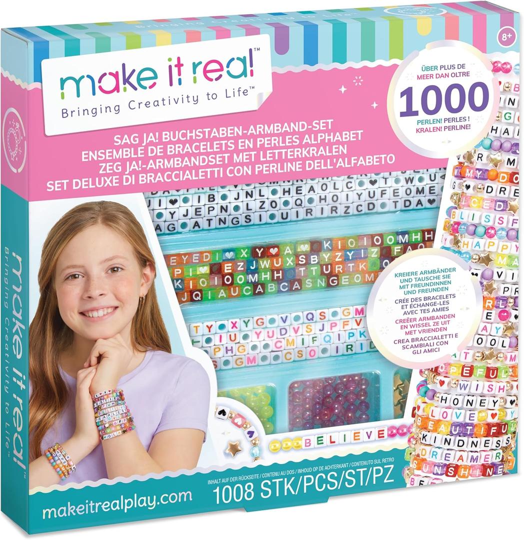 Make It Real: Say Yes! Alphabet Bead Bracelet Set - 1008pc DIY Jewelry Kit, Colorful ABC & Circle Beads, Spell Words & Names, Craft Kids Ages 8+