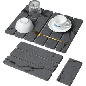 Large Stone Dish Drying Mat for Kitchen Counter, 2PCS Quick Dry Stone Dishes Mat,Foldable Water Absorbing Diatomaceous Drying Organizer Pad for Plate Rack Bottles Utensils(Dark Gray 16"x12" & 8x4")