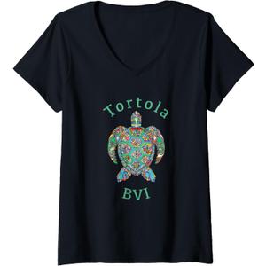 Womens Tortola, British Virgin Islands Tribal Turtle Gift V-Neck T-Shirt (Small, Black)