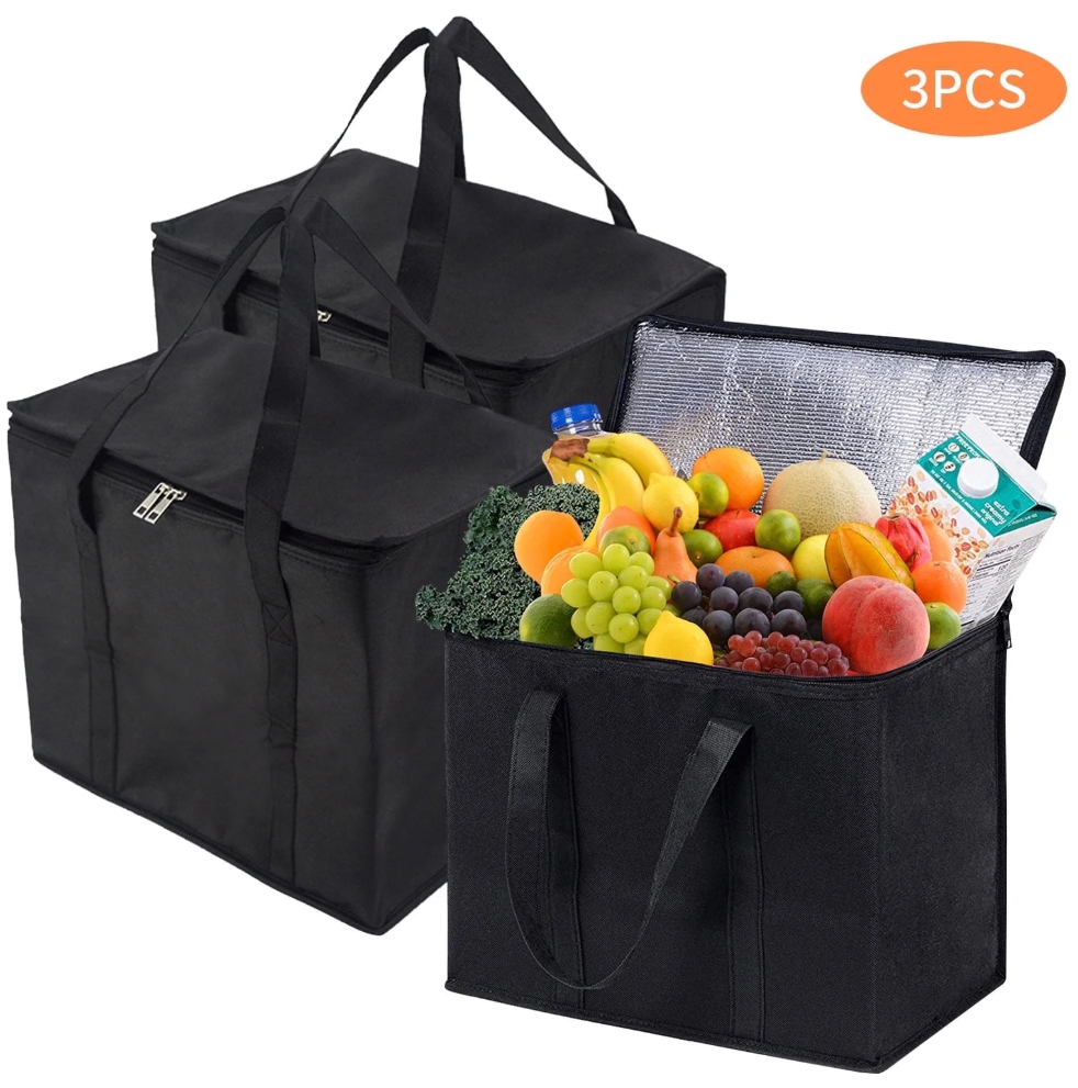 Tripumer 3 pack Large Insulated Grocery Shopping Bags Reusable Bag Thermal Zipper Collapsible Tote Cooler Food Transport Hot and Cold for Camping Reusable and Sustainable Black