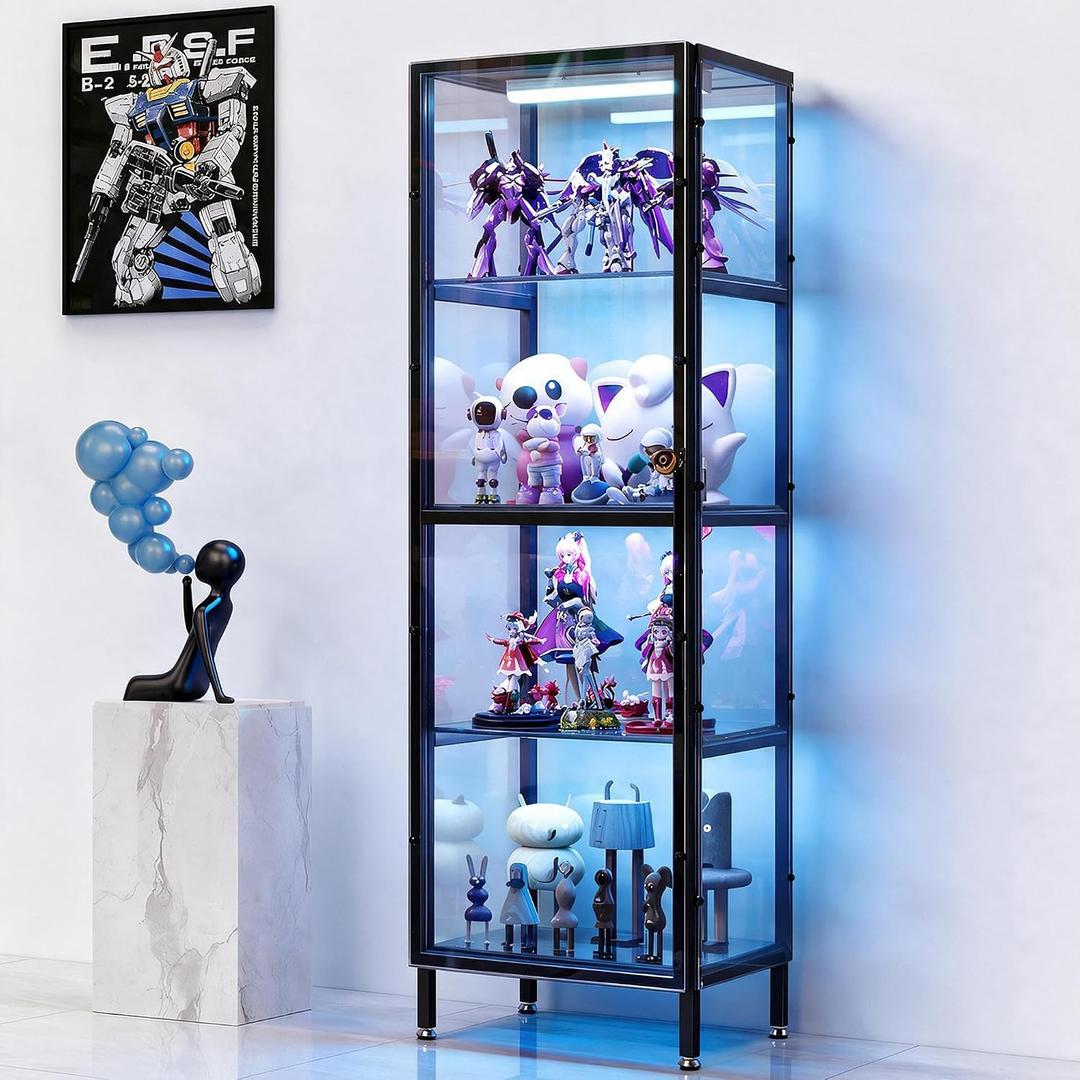 COPREE Glass Display Cabinet with 3-Color LED Light 4-Tier Case4-Tier Display Case with Clear Acrylic Door & Shelves, Matte Black Metal Frame & Leveling Feet for Collectibles & Lego, 12.8"D x 16.5"W x 52.7"H