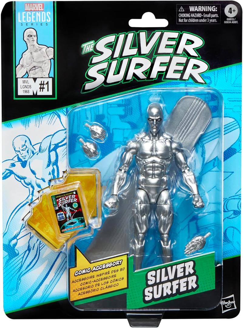 Marvel Legends Series Silver Surfer, Silver Surfer #1 (1968) and Fantastic Four Comics-Inspired Collectible 6-Inch Scale Action Figure with Character-Sized Comic Accessory