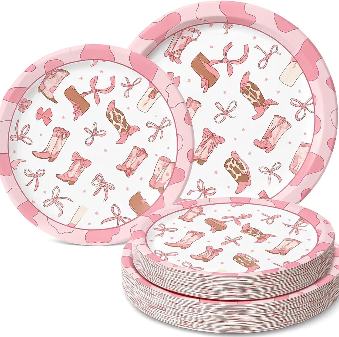 Suclain 60 Pcs Cowgirl Party Plates Decorations Coquette Bow Birthday Paper Plates Disposable Bachelorette Dinner Tableware Set for Western Themed Wedding Birthday Baby Shower Serve 50 Guests