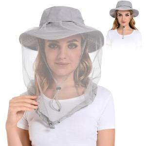 Mosquito Head Net Hat - Bug Cap UPF 50+ Sun Protection with Hidden Netting for Beekeeping Hiking Men & Women (7 1/2, Light Grey)