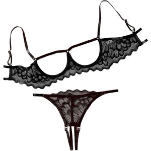 Lilosy Sexy Underwire Floral Lace Sheer Lingerie Set for Women See Through Bra and Panty 2 Piece (Small, Black)