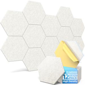 12 Pack Hexagon Acoustic Panels with Self-Adhesive, 12" X 10" X 0.4" Sound Proof Foam Panels for Walls, High Density Soundproof Wall Panels, Sound Dampening Panels for Home Studio Decor Office - Ivory