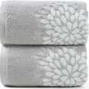 Cute Bath Towels Set of 2 (Light Grey) - Large 55 x 28, Decorative Hydrangea Floral Jacquard, Guest Room & Bathroom Decor, Cotton