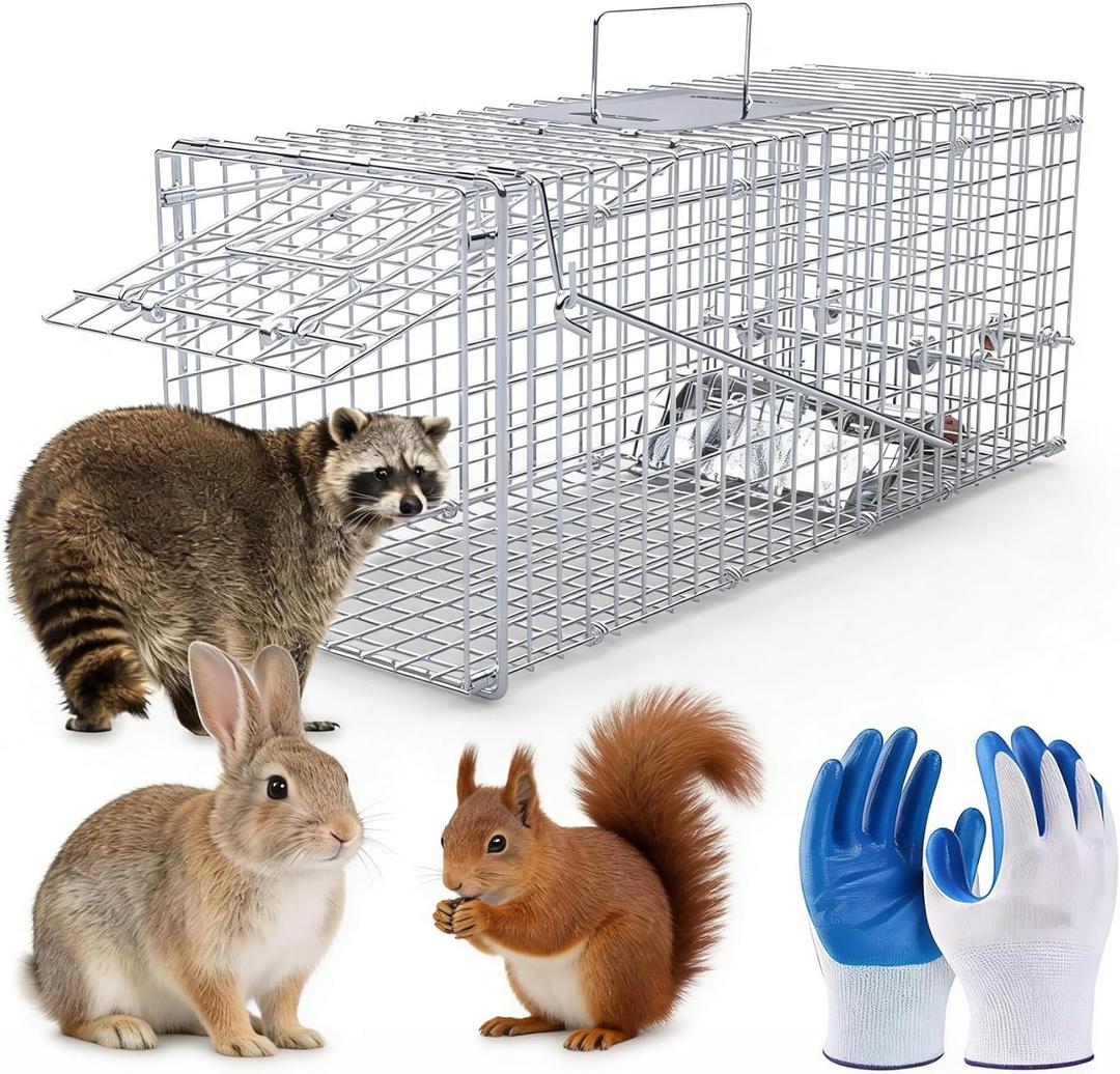 Live Animal Cage Trap, 26"x9.8"x9" Heavy Duty Folding Humane Traps Galvanized Steel Trap Cage with 1x Pair of Gloves for Raccoon, Squirrel, Stray Cats, Groundhogs, Armadillos, Opossums, Rabbits