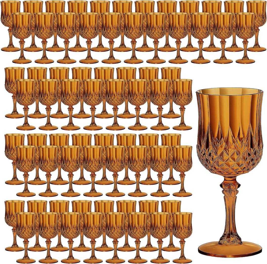 7OZ Plastic Wine Glasses, Reusable Vintage Goblets Unbreakable Drinking Glasses Crystal Water Cups Champagne for Wedding, Parties (100, Amber), 2.65 inches x 6.6 inches