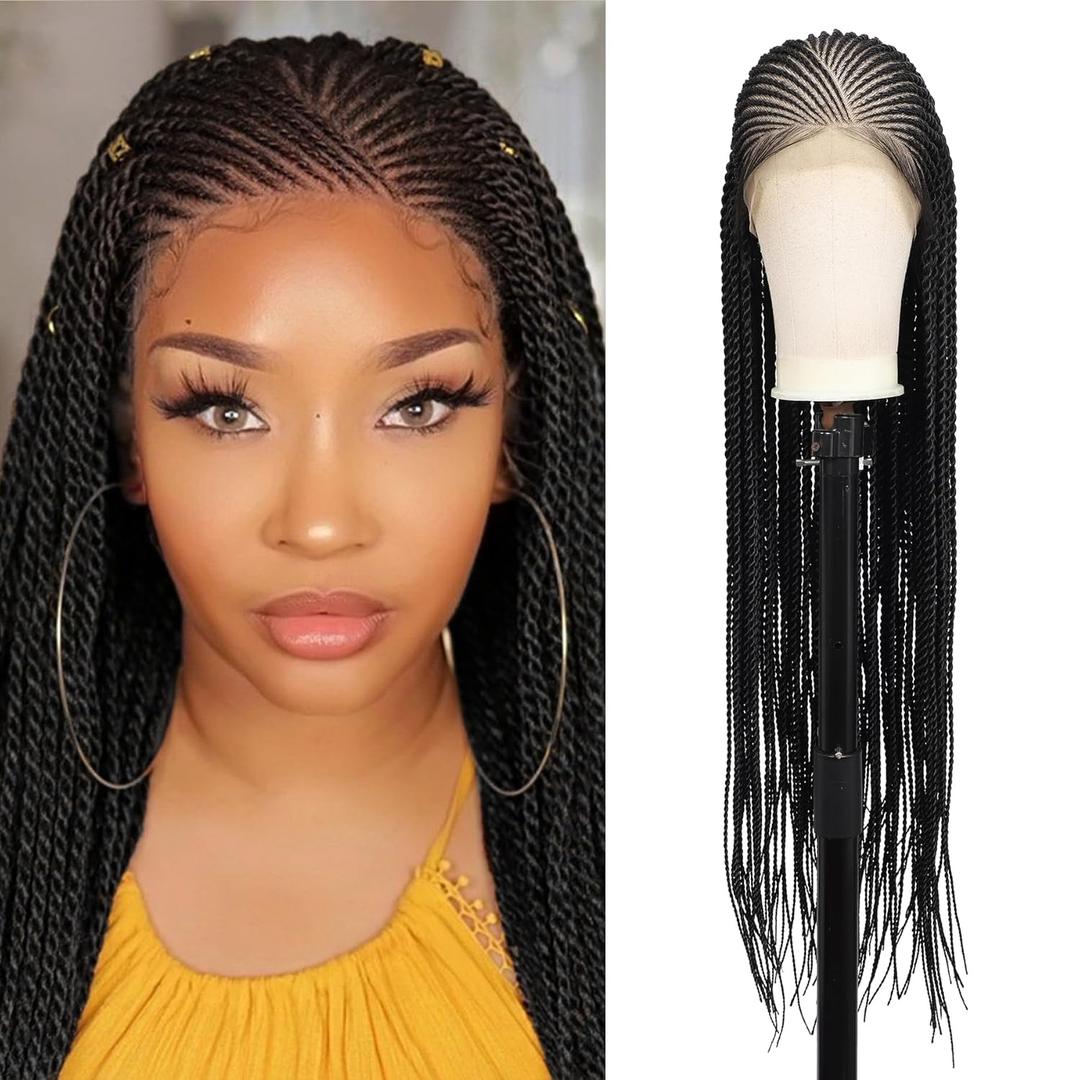Brinbea 13X8'' HD Lace Cornrow Braided Wigs for Black Women Cornrow Twisted Braid Wig with Baby Hair Unique Look Premium Synthetic Braided Lace Front Wigs Black Braided Wigs 36 Inches