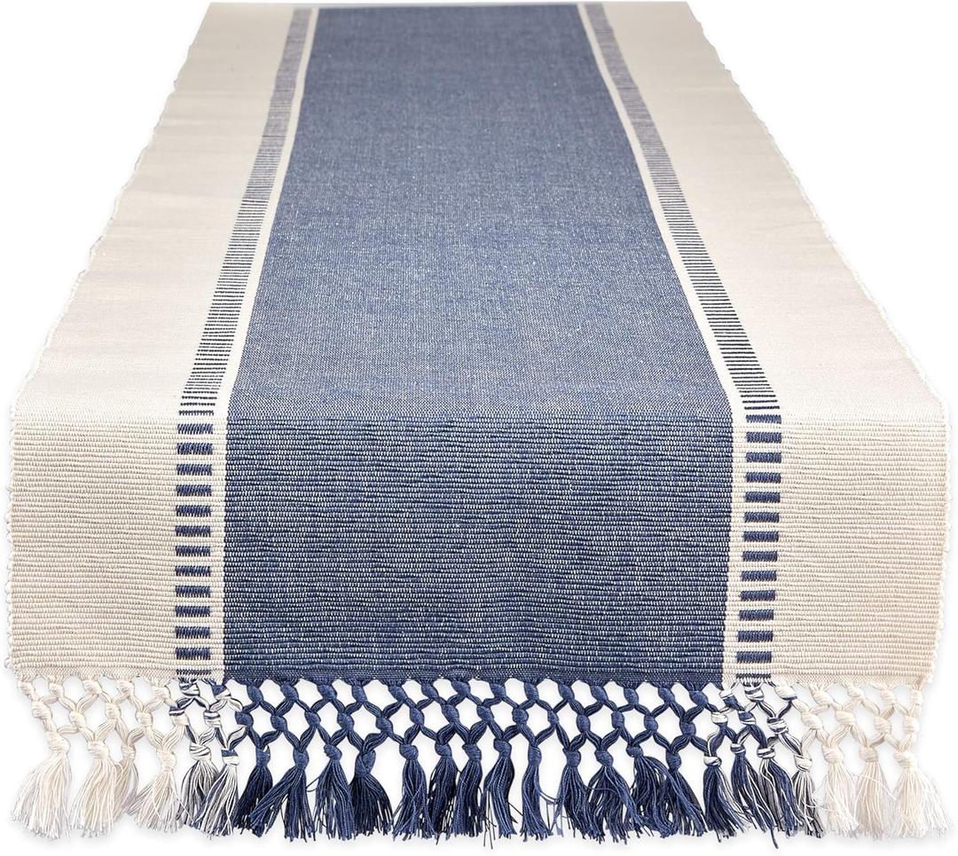DII Dobby Stripe Woven Table Runner, 13x72-inch, French Blue (13x72" (13x77.5, Fringe Included))