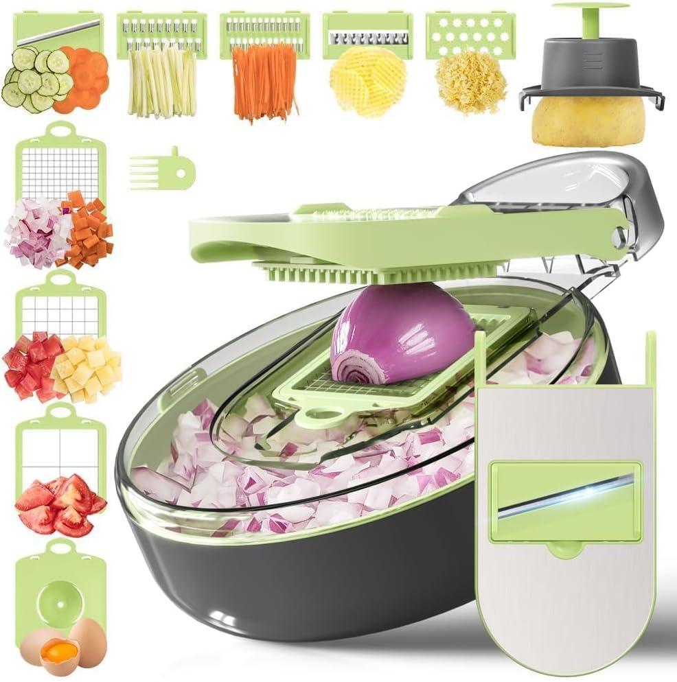 KEOUKE Vegetable Chopper Cutter 13 in 1 Veggie Chopper Slicer Dicer Pro Onion Chopper Food Chopper with Container and Hand Guard, 9 Blades (Round Grey)