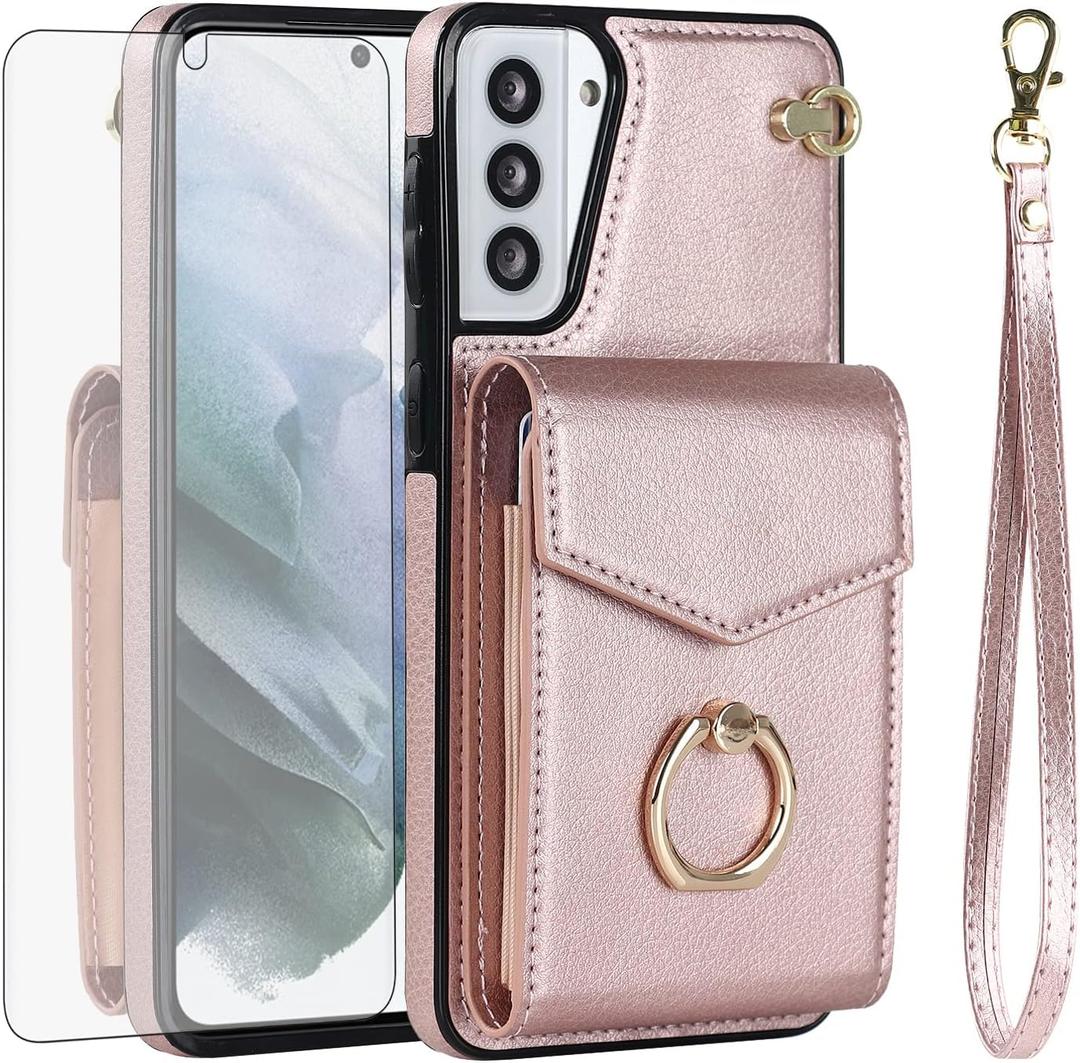 Asuwish Phone Case for Samsung Galaxy S21 5G 6.2 inch Wallet Cover with Tempered Glass Screen Protector and RFID Blocking Ring Stand Credit Card Holder Cell Accessories S 21 21S G5 Women Men Rose Gold