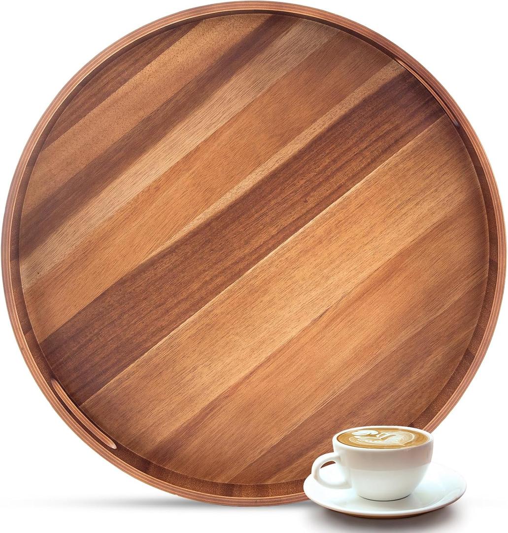 20 Inch Ottoman Coffee Table Tray with Handles, Large Round Wooden Serving Tray, Big Decorative Kitchen Organizer Giant Sofa Storage Trays Huge Counter Serveware, 22"L x 22"W x 2.56"H