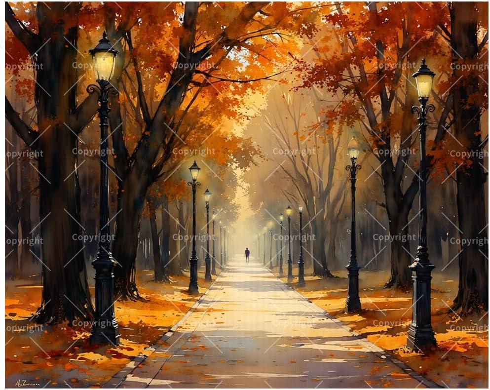 Fall Scenery Paint by Numbers Kit for Adults - DIY Autumn Walkway with Streetlamps and Trees Painting on Canvas, Acrylic Paint Set for Beginners, Art for Home Decoration or Gifts(16X20IN Framed)