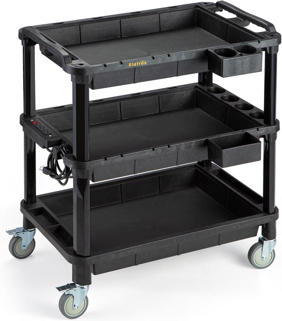 ELAFROS Multi-Use Plastic Utility Cart - 32.4x18.3 Rolling Cart, Service Cart with 3 Deep Shelves, Industrial Work Cart Organizer, 500 lbs Capacity, Black, with Power Strip