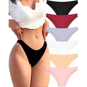FINETOO 6 Pack Cotton Underwear for Women Cute Low Rise Bikini Panties High Cut Breathable Sexy Hipster Womens Cheeky (Large)