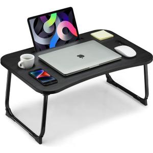 Foldable Lap Desk, Laptop Bed Desk, Portable Lap Table, Laptop Bed Table with Cup Holder & Tablet Slot & Lifting Handle for Working Writing Drawing & Eating - Black Wood